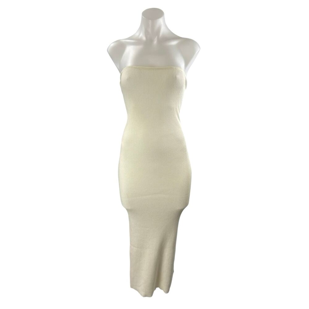 H&M Women Cream Ribbed Strapless Tube Bandeau Maxi Bodycon Pencil Sheath Dress S